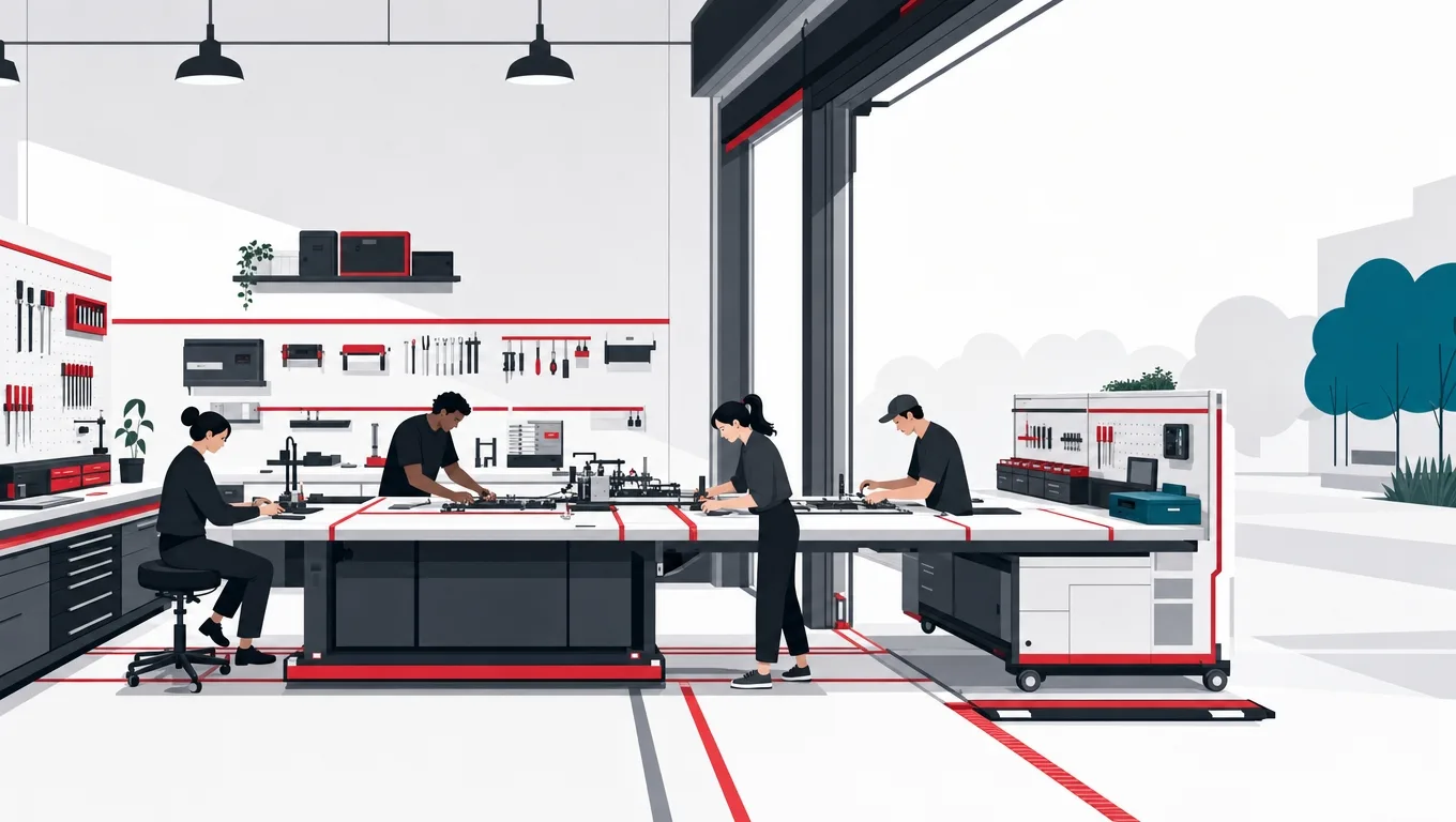 A small permanent workshop crew joined seamlessly by an external team's docking workbench module on matching red rails