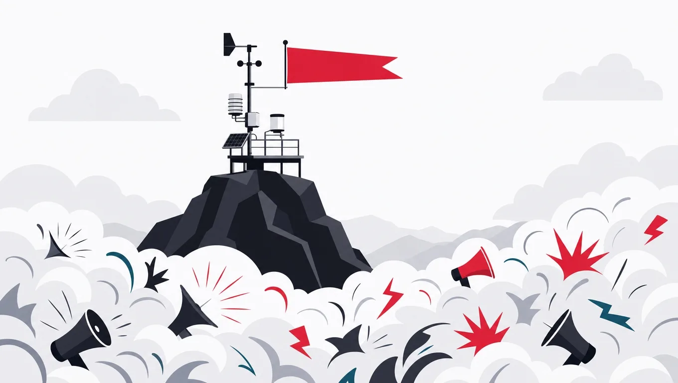 A calm weather station with one steady red flag above a valley of swirling hype-shaped clouds