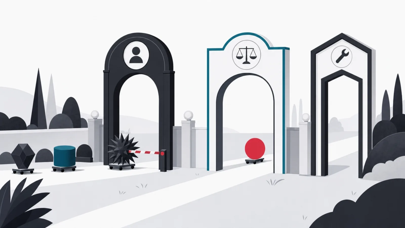 Decorative shapes on wheels approaching three emblem gates, one clean shape passing through while a spiky shape is stopped