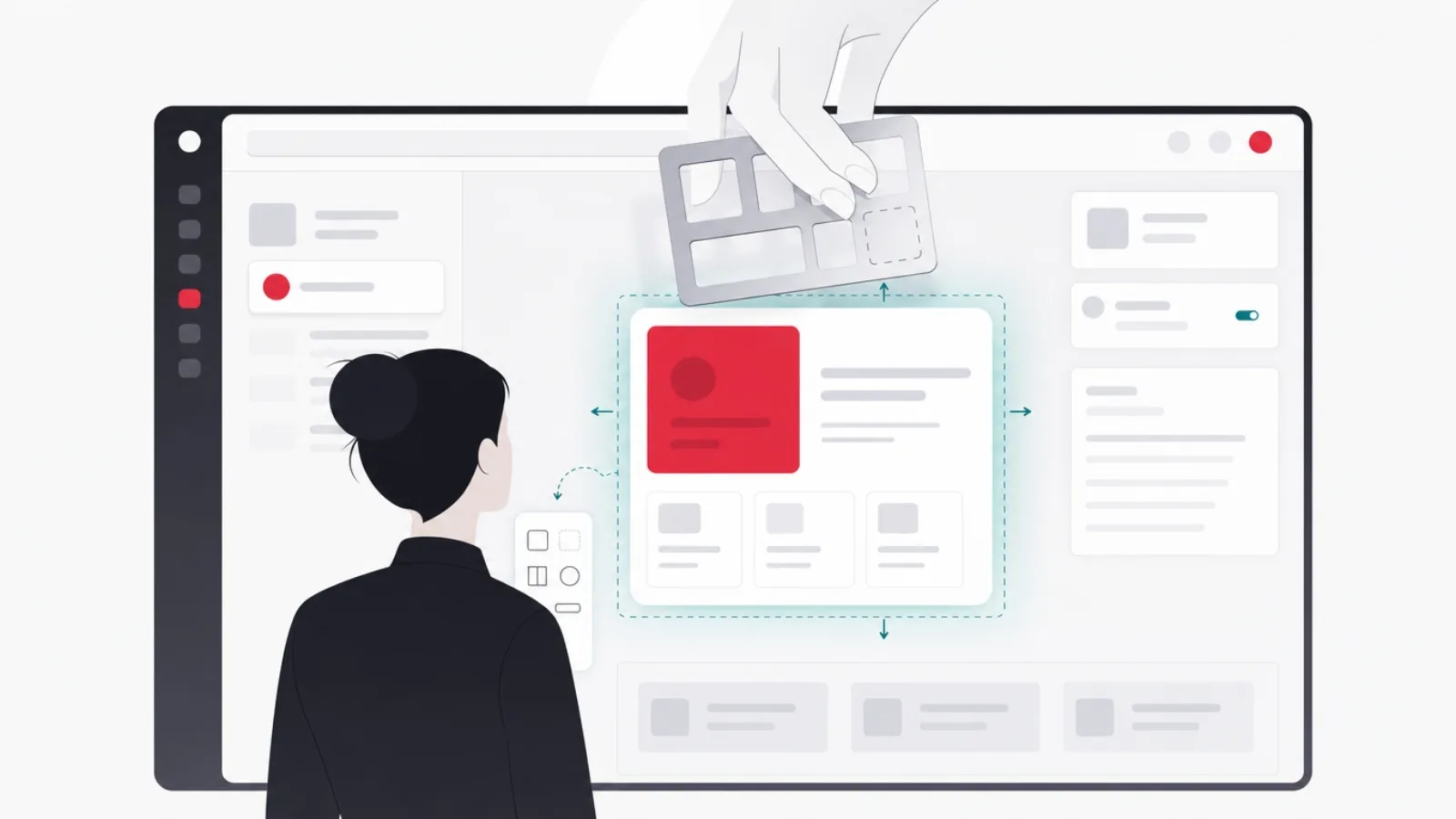 An interface rearranging itself around a still user silhouette, guided by a mechanical hand holding a stencil behind the frame