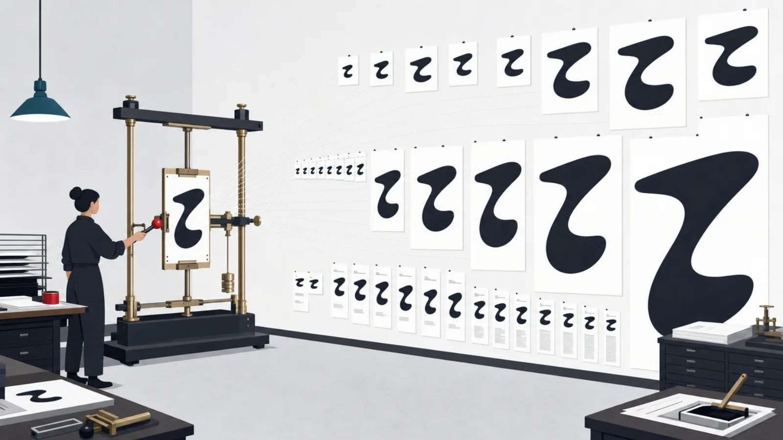 An abstract glyph in an adjustable brass instrument whose lever stretches the same form across a wall of layout posters at once