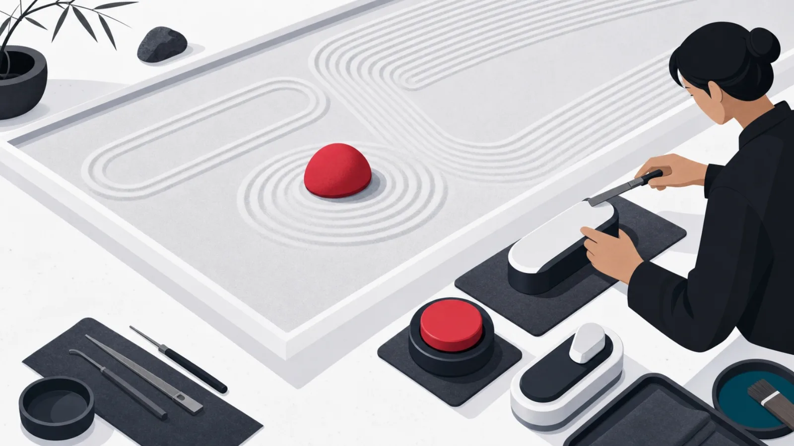 An interface raked like a zen garden with one red stone beside a craftsperson filing oversized high-contrast controls