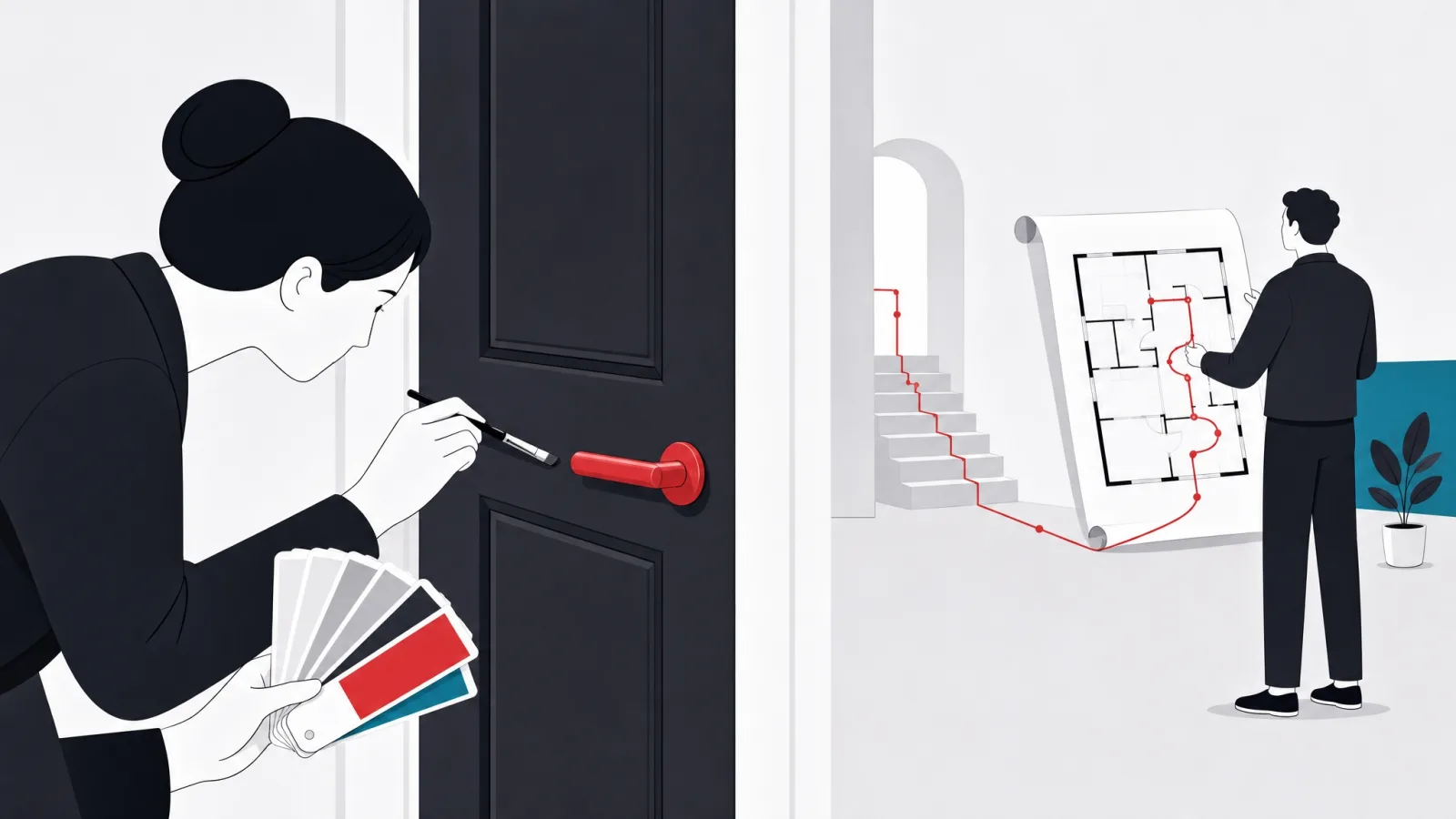 One inspector studying a door's finish up close while another traces the whole red route to it on a floor plan