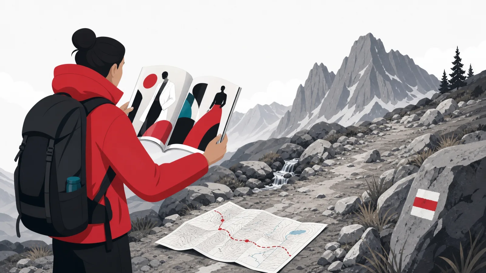 A traveler navigating with a glossy style magazine while an accurate trail map with a red route lies at their feet
