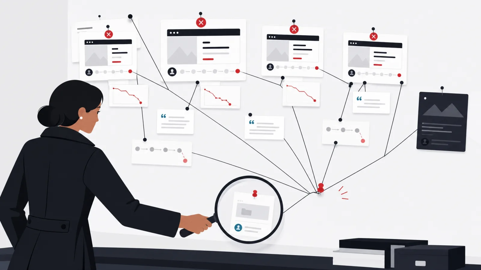 An investigation board of user evidence with threads converging on one humble red-pinned card