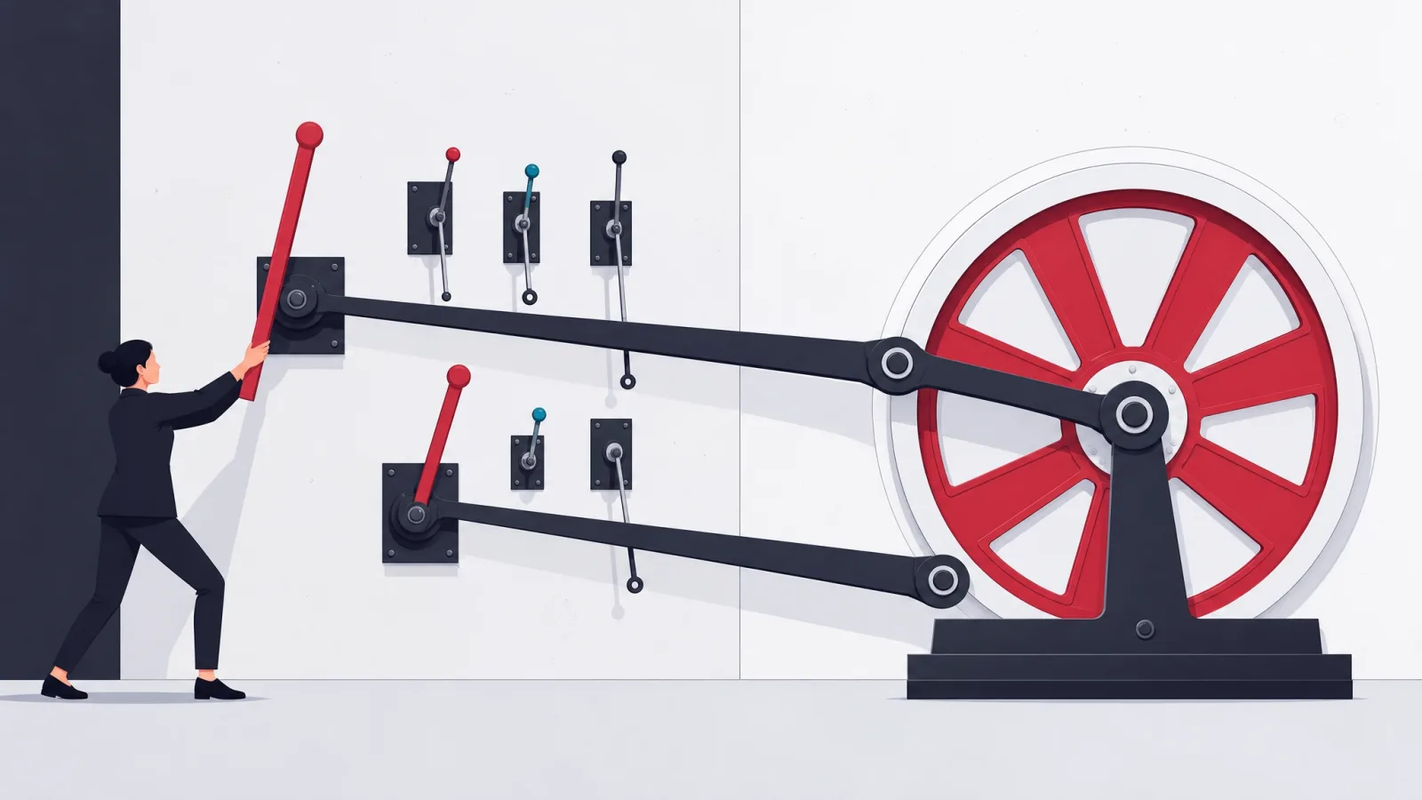 Two long red levers with thick linkages turning a conversion wheel beside small decorative levers with slack linkages