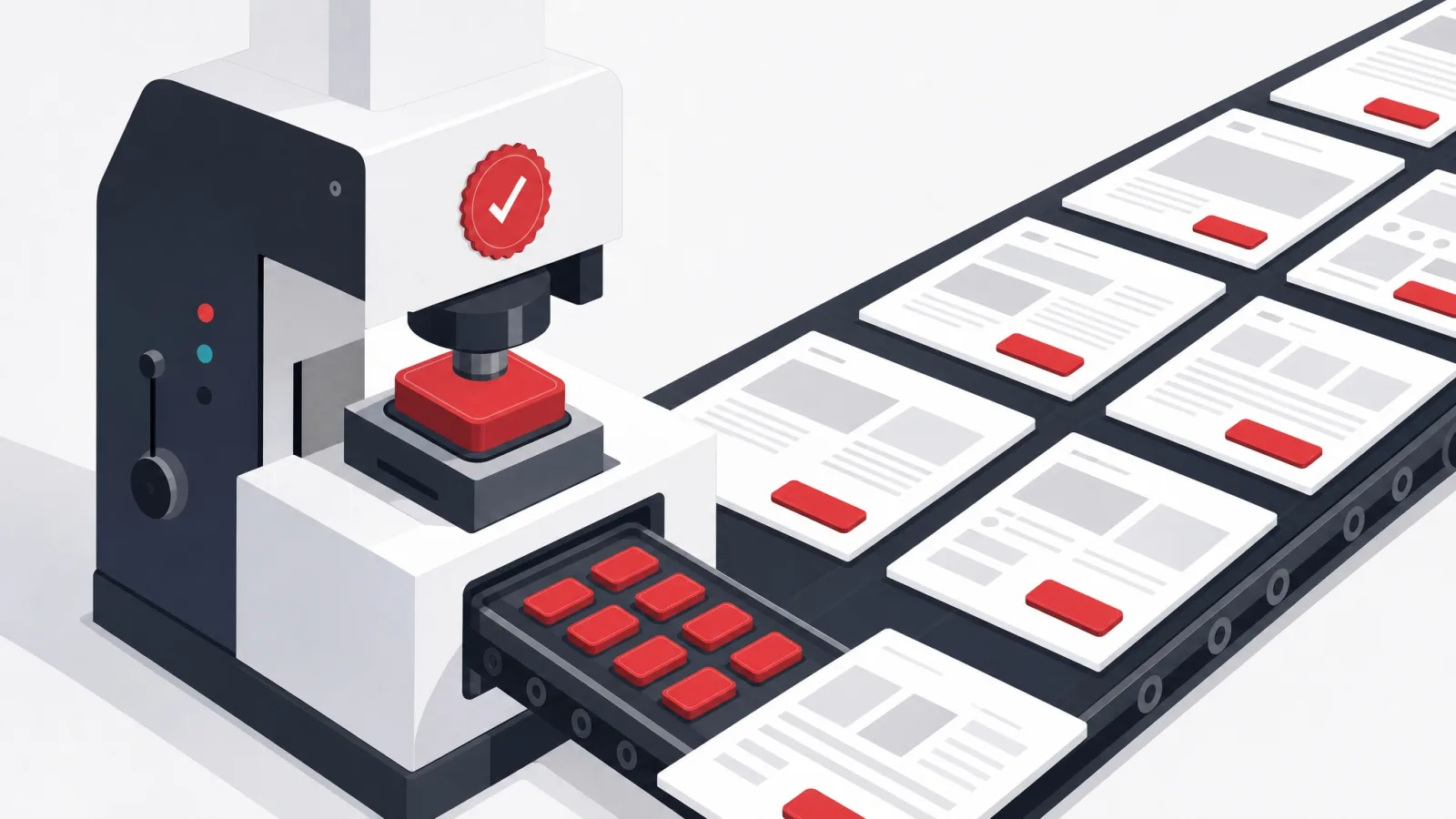A proven component die with a red seal minting identical copies onto many page templates