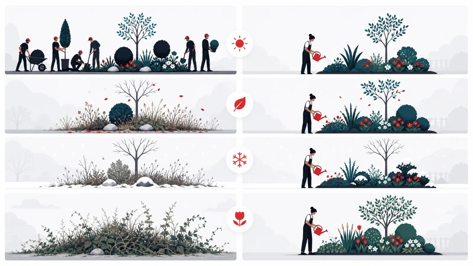 A once-landscaped garden gone overgrown beside a garden kept healthy by a steady gardener with a red watering can