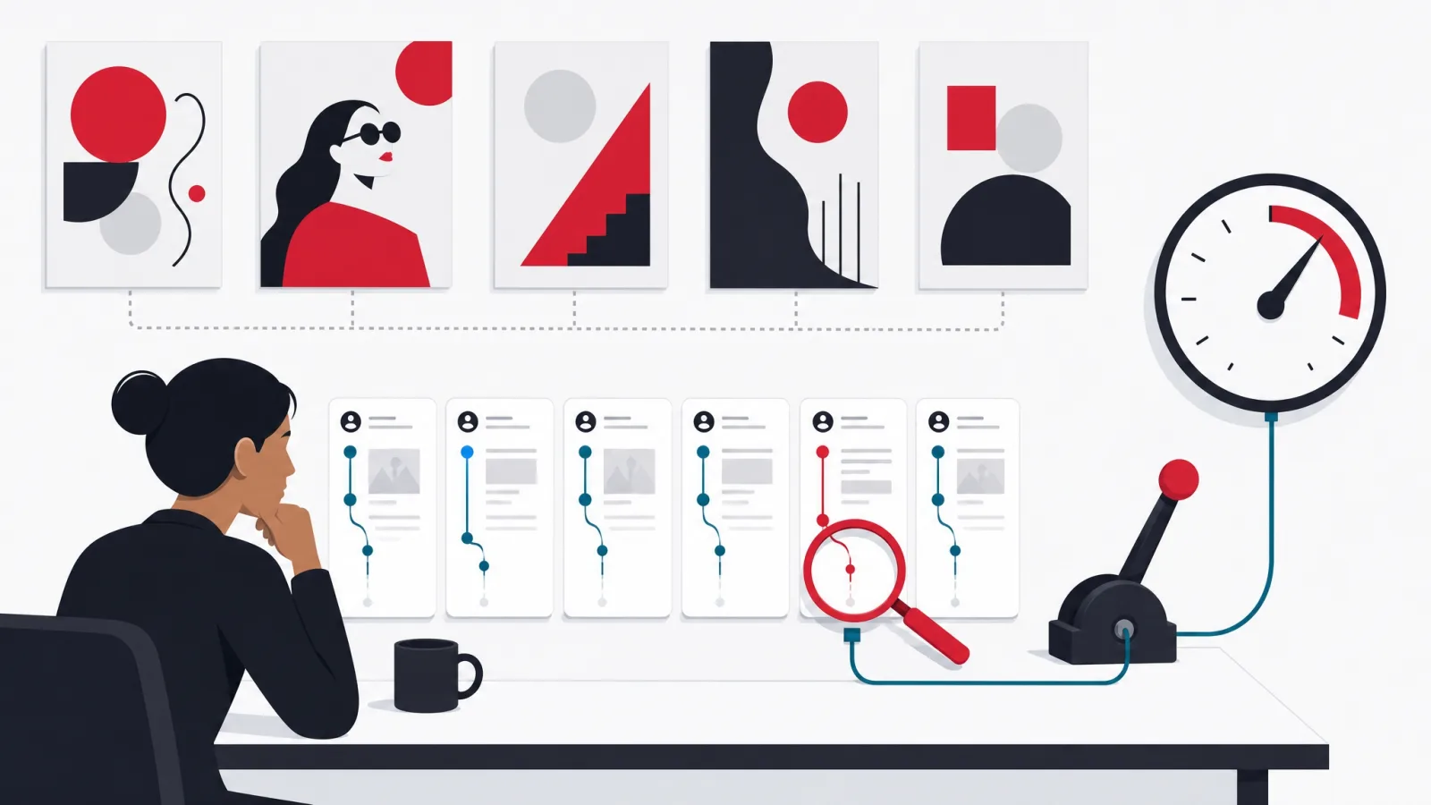 A designer studying user evidence cards with a red magnifier while glamorous trend posters hang ignored behind