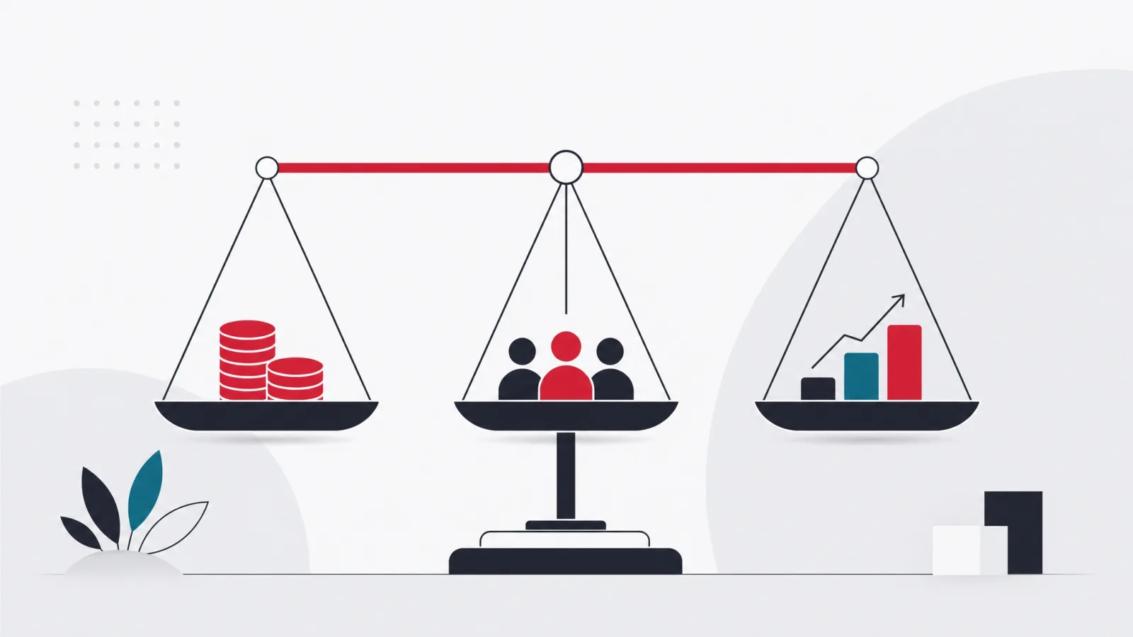 A three-pan balance scale holding symbols for cost, talent pool and track record in equilibrium