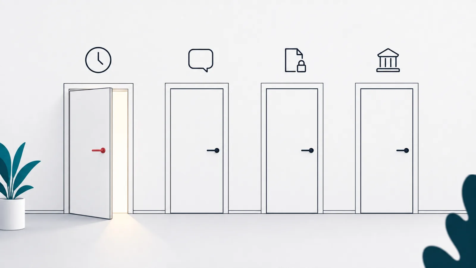 Four doors each marked with a symbol for time zones, language, IP and legal enforceability, the first one ajar