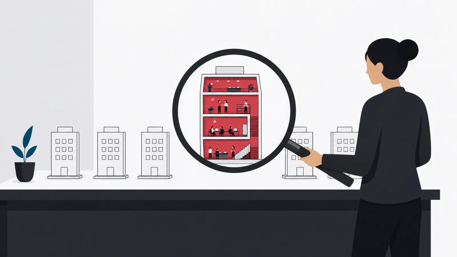 A magnifying glass revealing the true internal structure of one building among identical facades