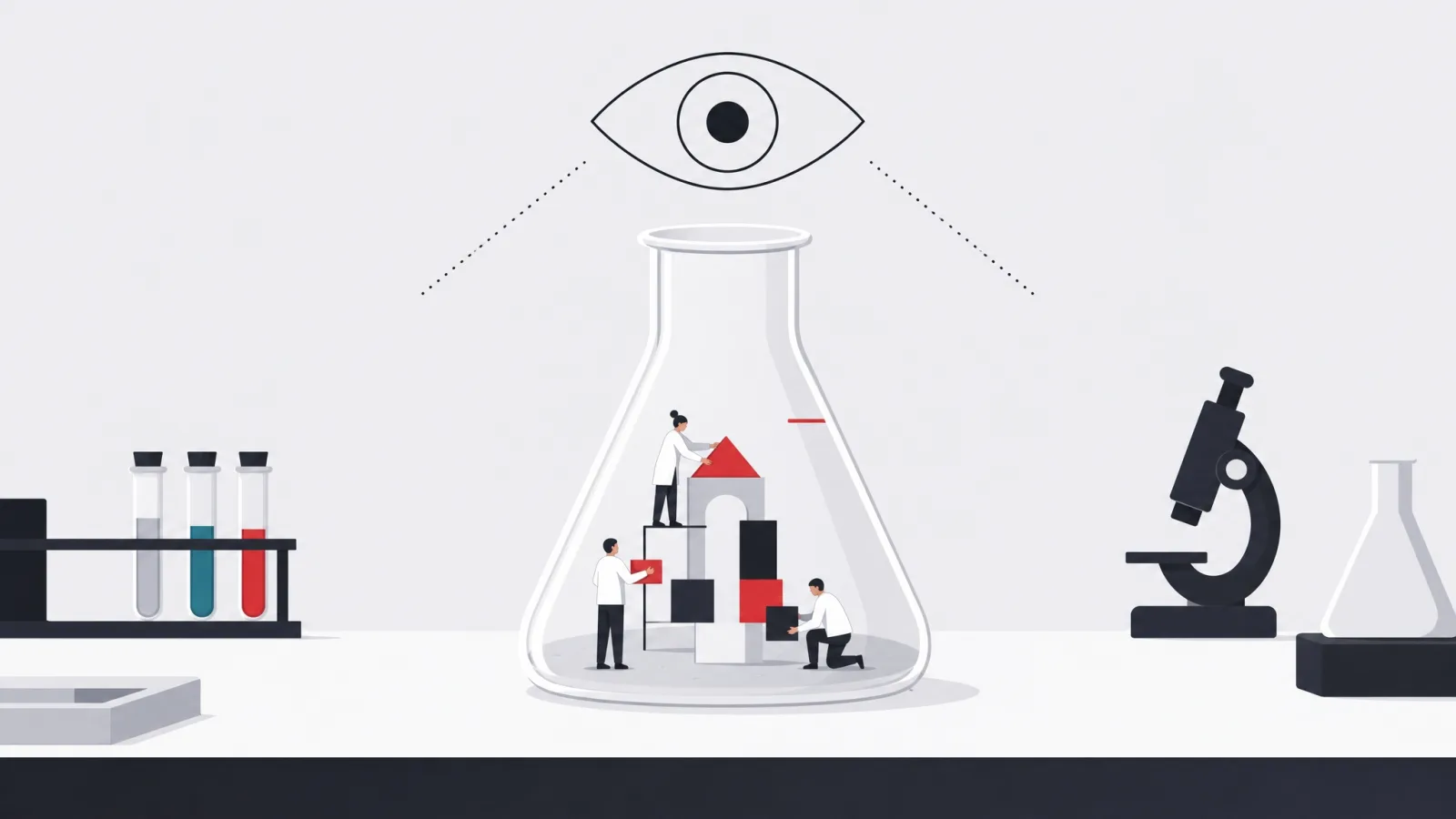 A laboratory flask containing a miniature team building a structure, observed and measured