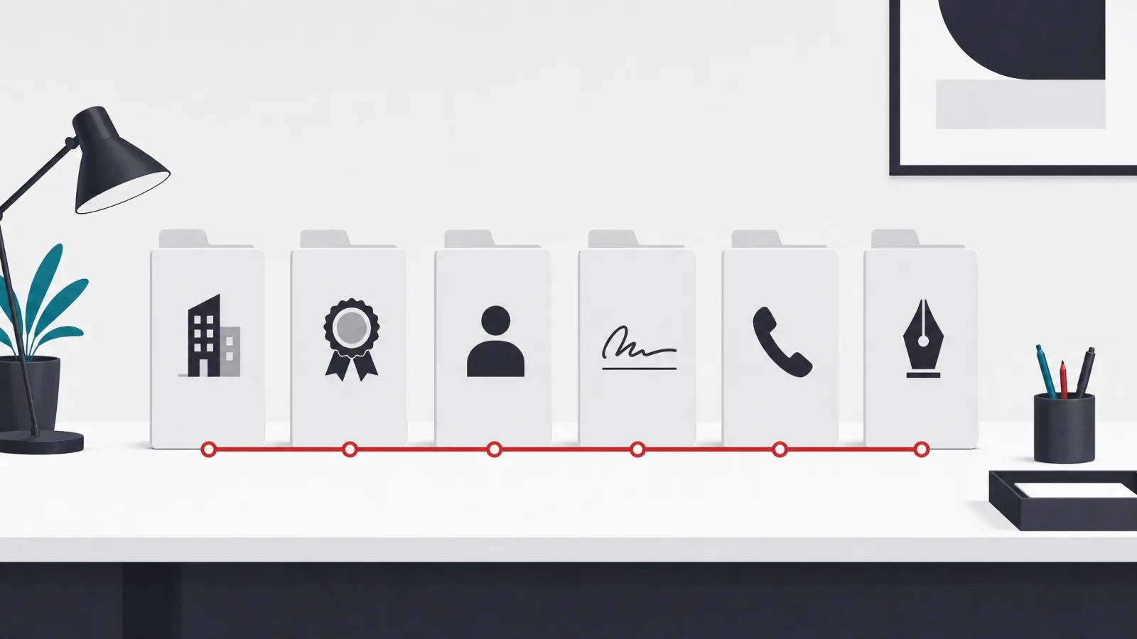 Six upright document folders in a row connected by a single red progress line
