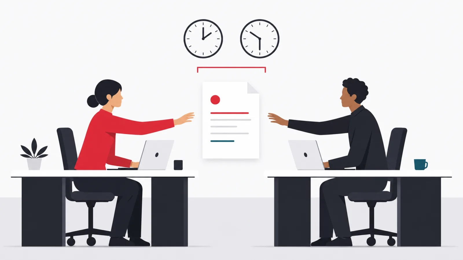 Two figures at facing desks sharing one document, two clocks bracketed together above them