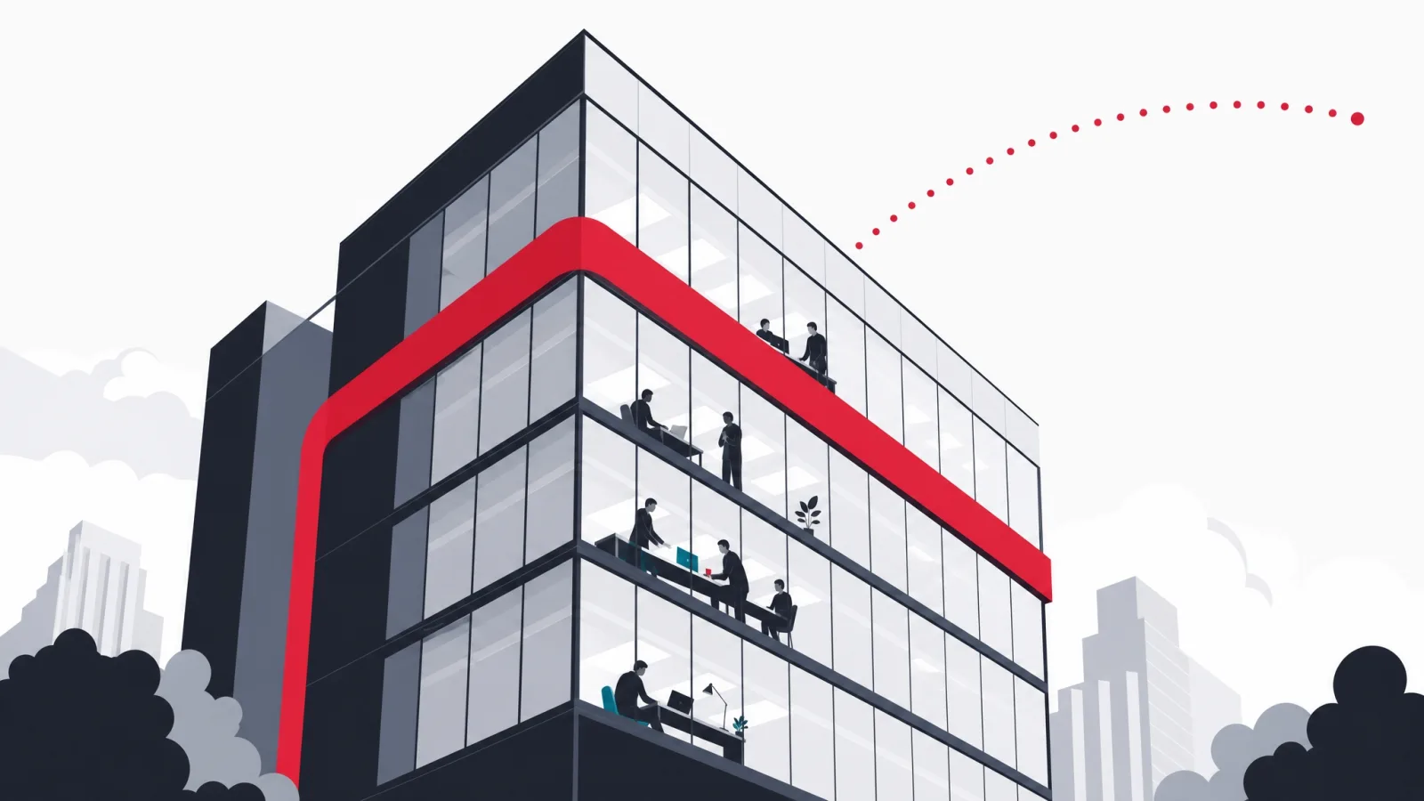 Stylized modern office tower with engineers visible through the facade and a connection arc in the sky