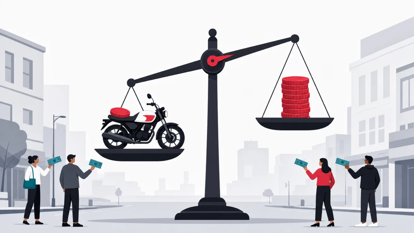 A balance scale weighing a motorbike with a coin against a stack of coins while figures nearby hold cash notes