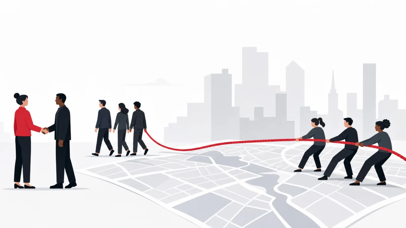 A tug-of-war over a city map where one team walks away leaving the rope slack and the other holding the ground