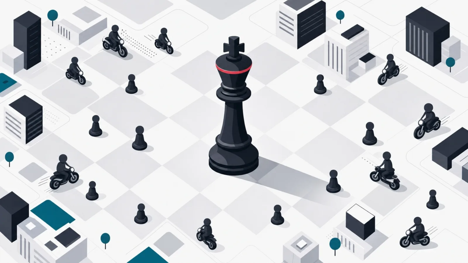 A large chess king on a city-grid board surrounded by many small motorbike-shaped pawns holding the board's edges