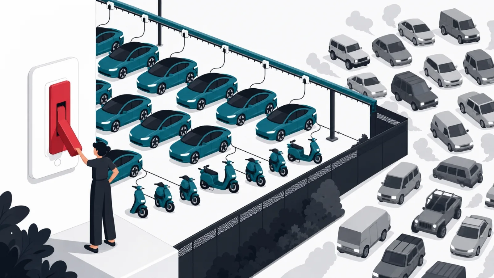 Rows of identical teal electric vehicles charging in a tidy depot beside a disordered crowd of gray vehicles outside the fence