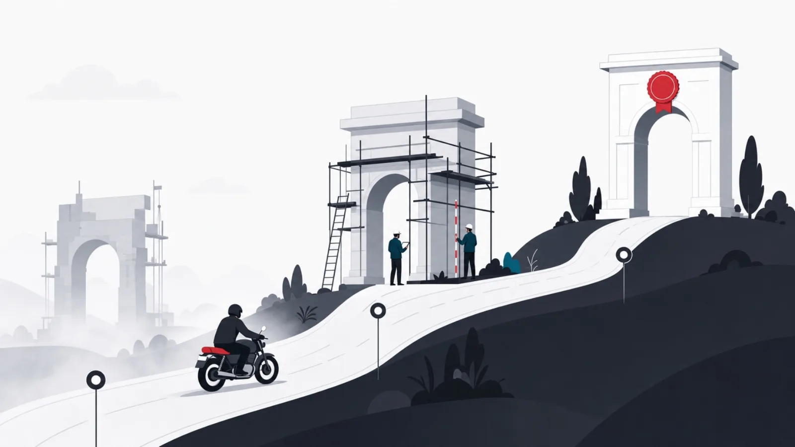 A motorbike traveling a winding road through three gates, from a foggy half-built gate to a solid gate bearing a seal