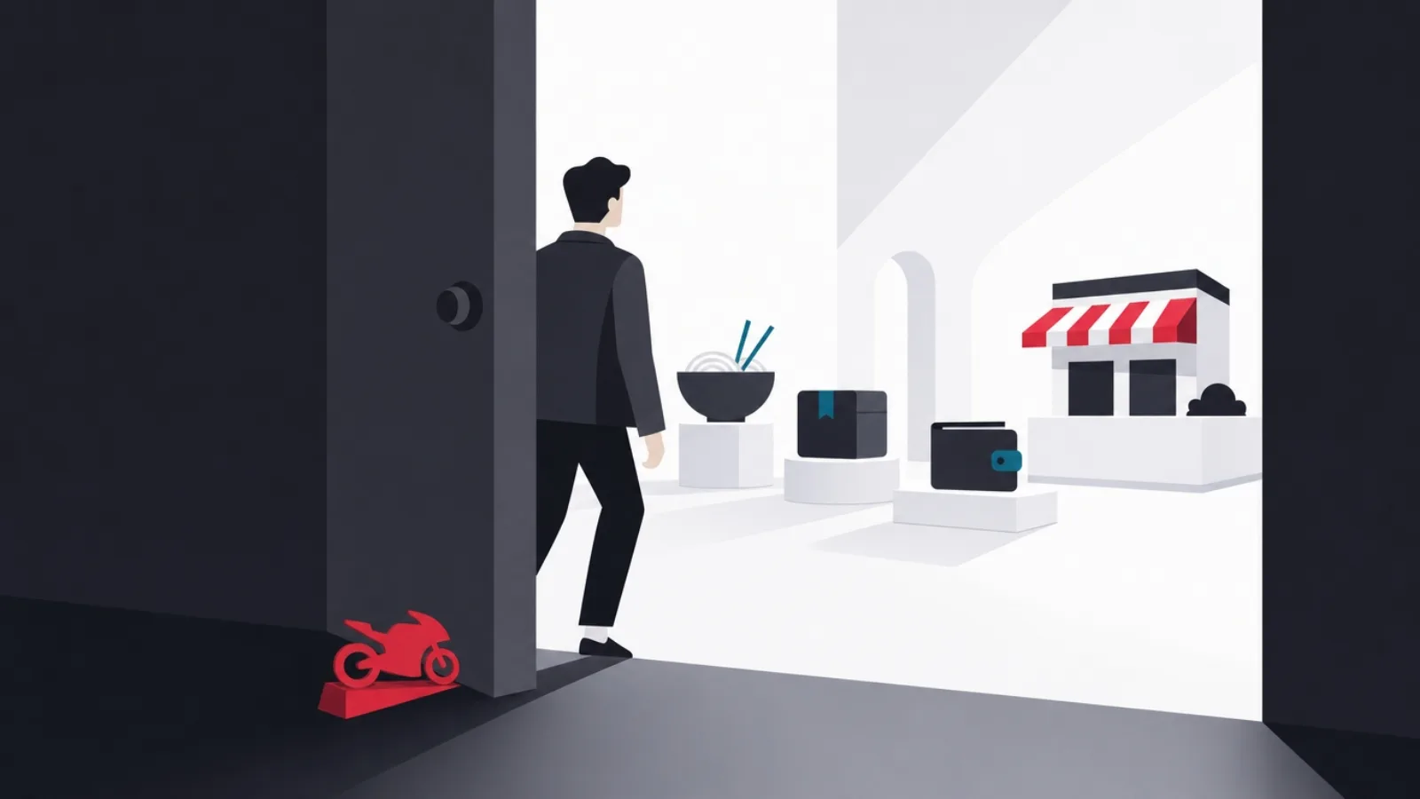 A motorbike-shaped wedge holding a door open onto a bright hall of larger icons for food, parcels, a wallet and a store