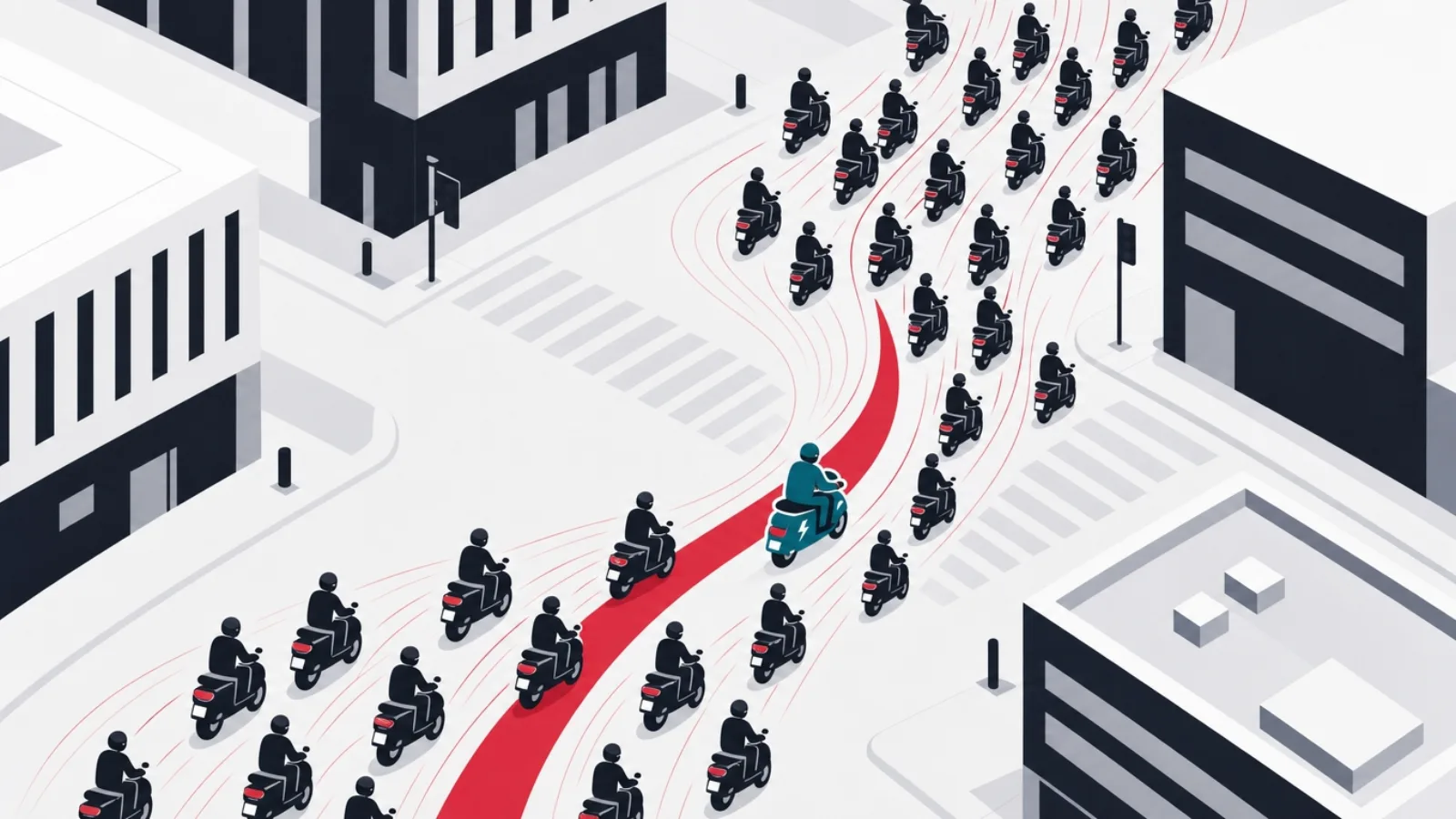 A river of stylized motorbikes flowing through a city intersection with one teal electric bike cutting its own lane