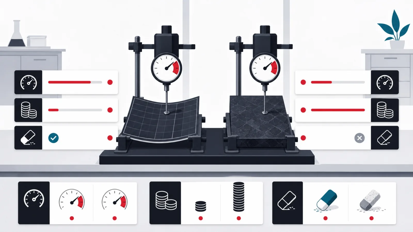 Two material samples measured side by side by instruments for speed, cost and reversibility with red-tagged readings