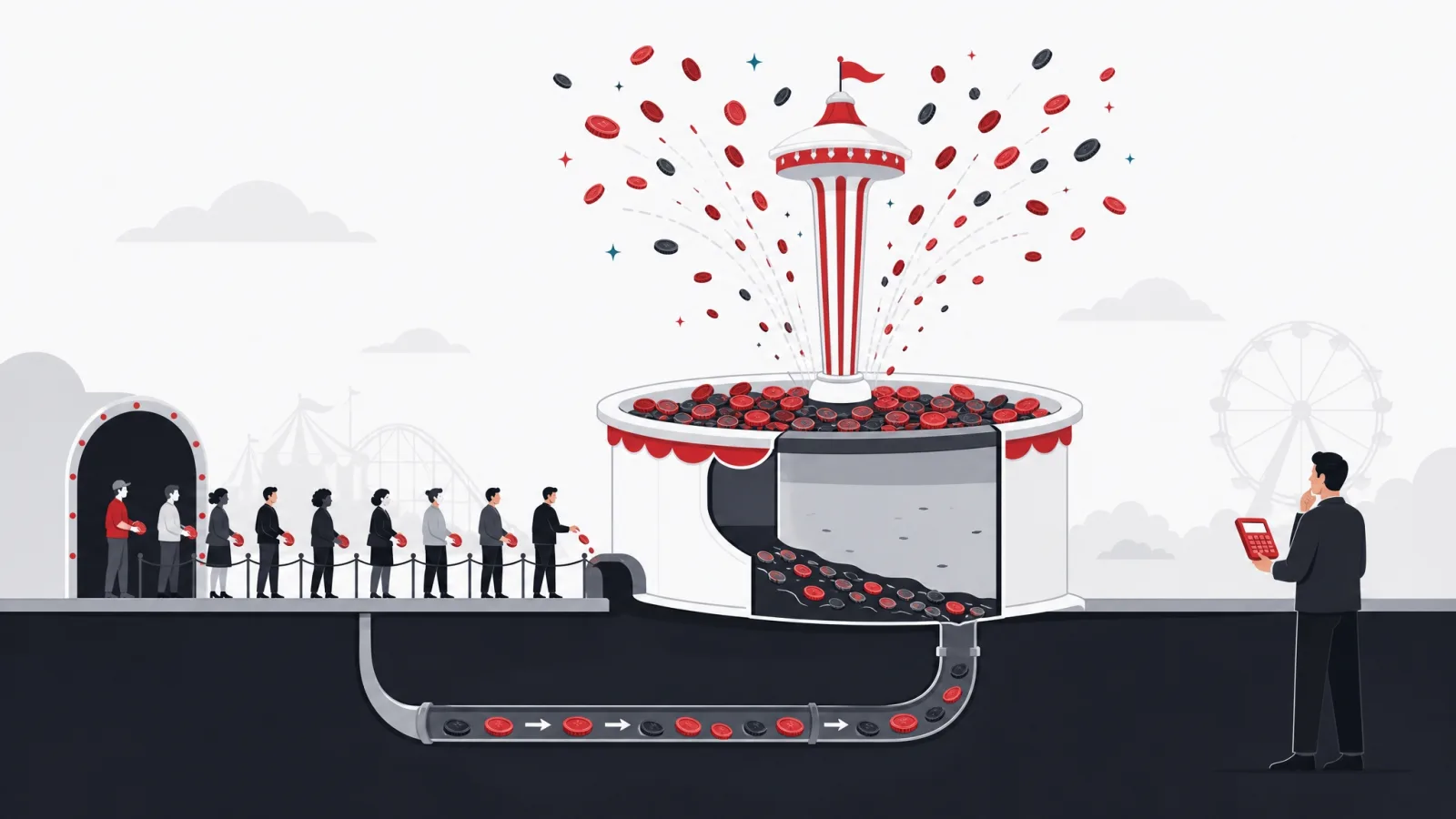 A coin fountain revealed in cross-section to be fed only by a thinning queue of new players, one figure tracing the pipe with a red calculator