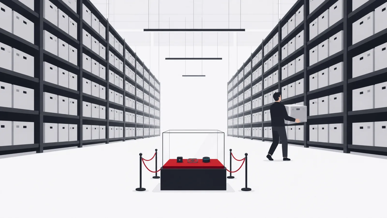 A tiny precious display case holding few items inside a vast warehouse of ordinary shelves, a worker returning an oversized crate to the shelves