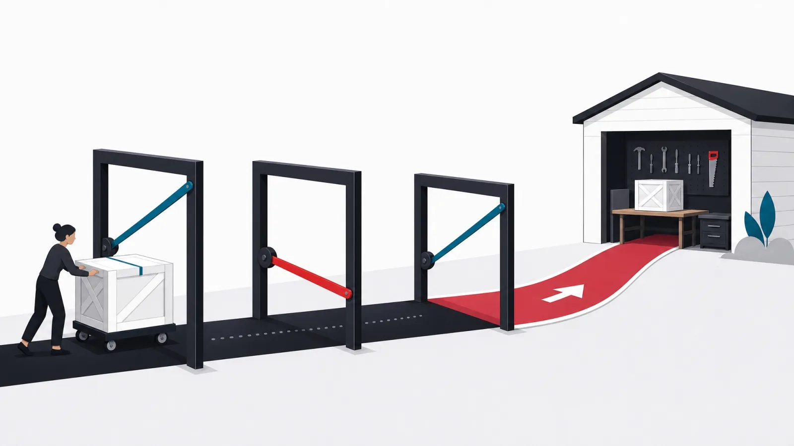 A crate passing one of three balance gates and taking a gentle red exit ramp toward a conventional toolshed