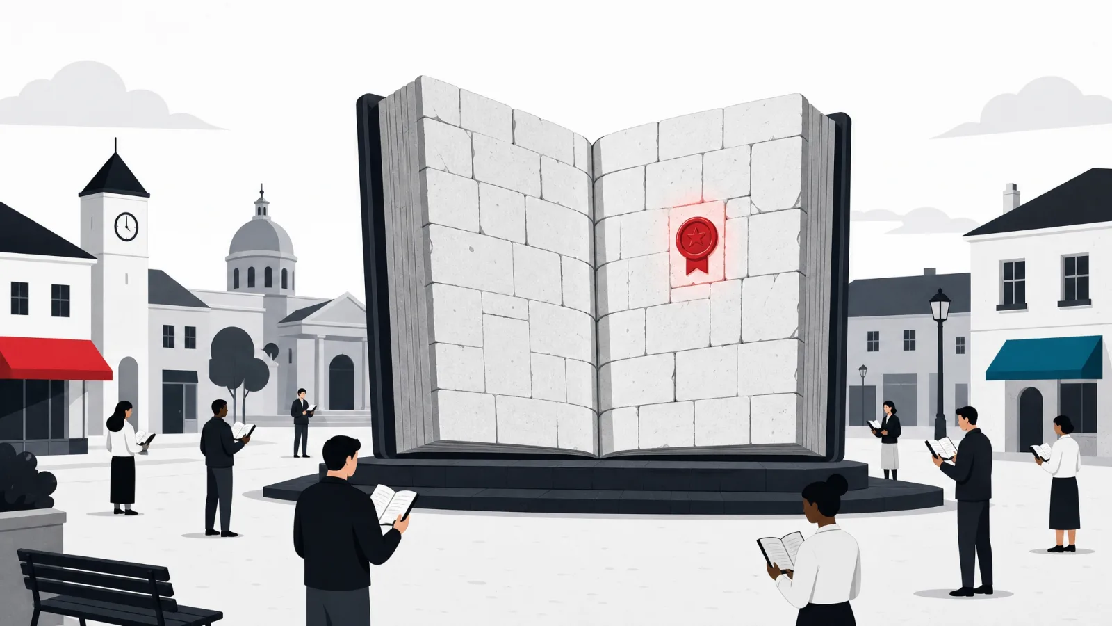 A monumental shared ledger of linked stone pages in an ordinary town square, one entry sealed in red, everyone holding identical copies