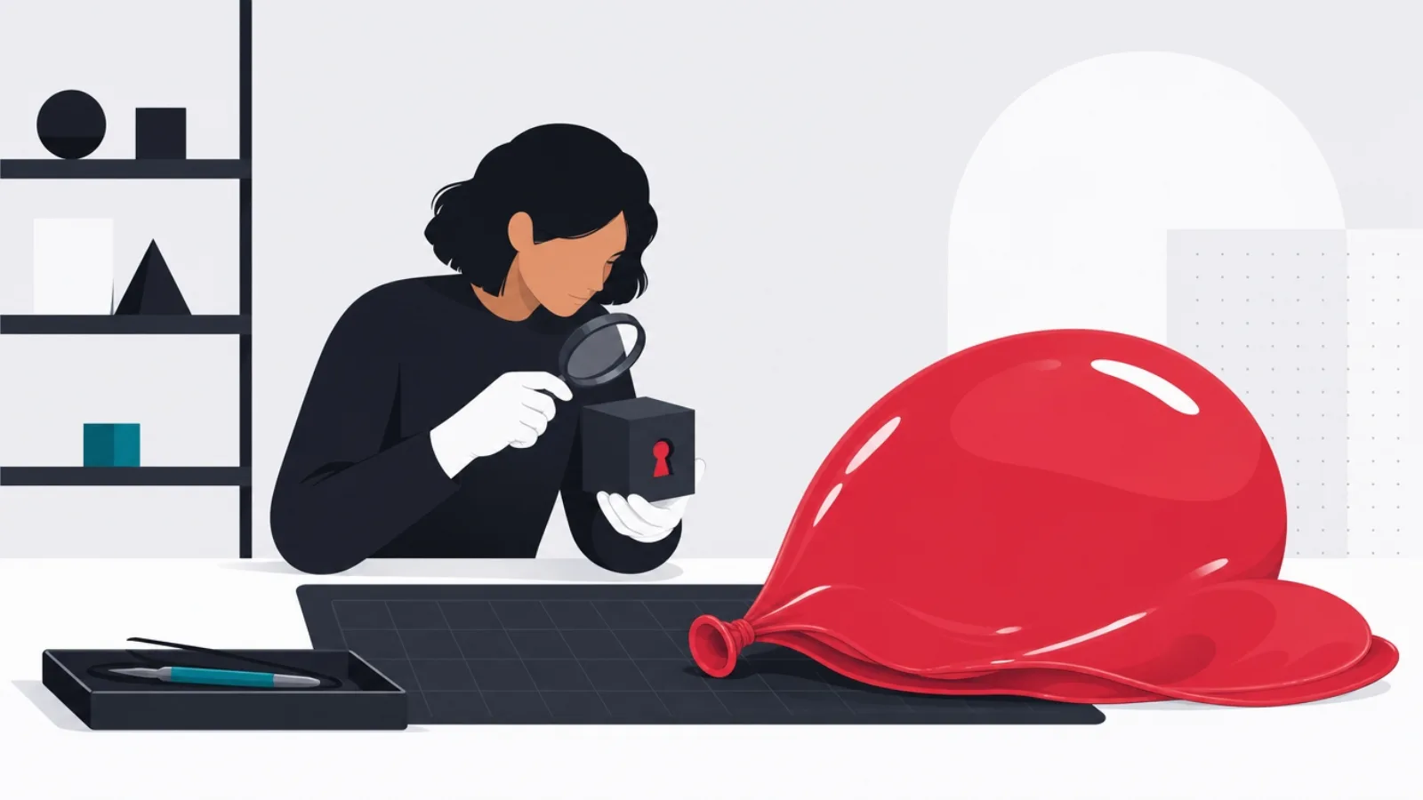 A figure peeling a glossy balloon skin off a small solid cube with a keyhole and examining the core with a loupe