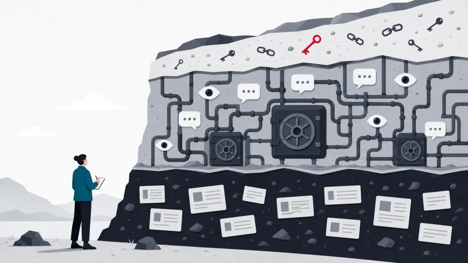 A geological cross-section with three sediment layers holding page tiles, speech bubbles with vault pipes, and keys with chain links