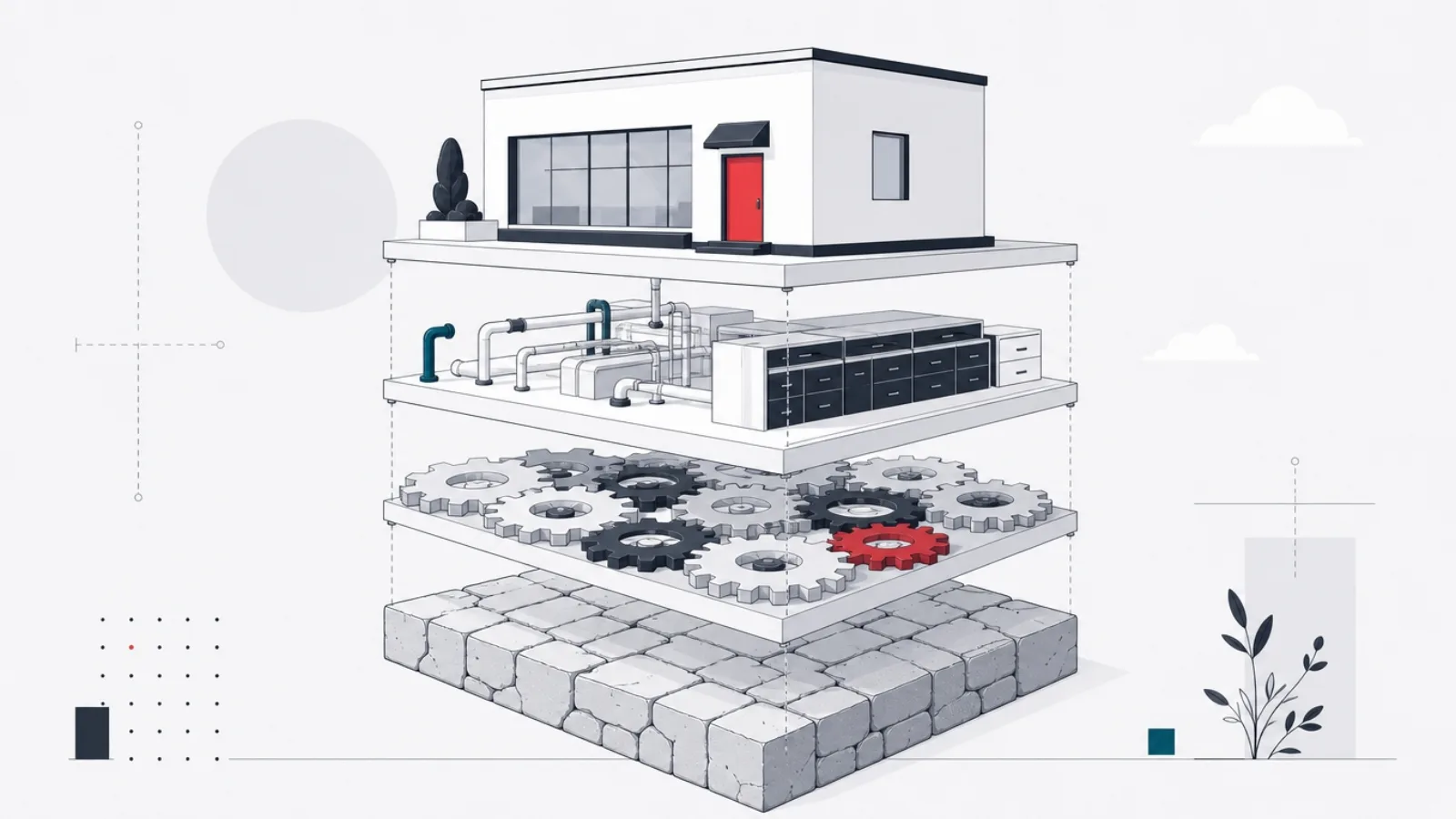 An exploded axonometric of a four-story building with a linked-block foundation, gear floor, pipe and drawer floor, and storefront top