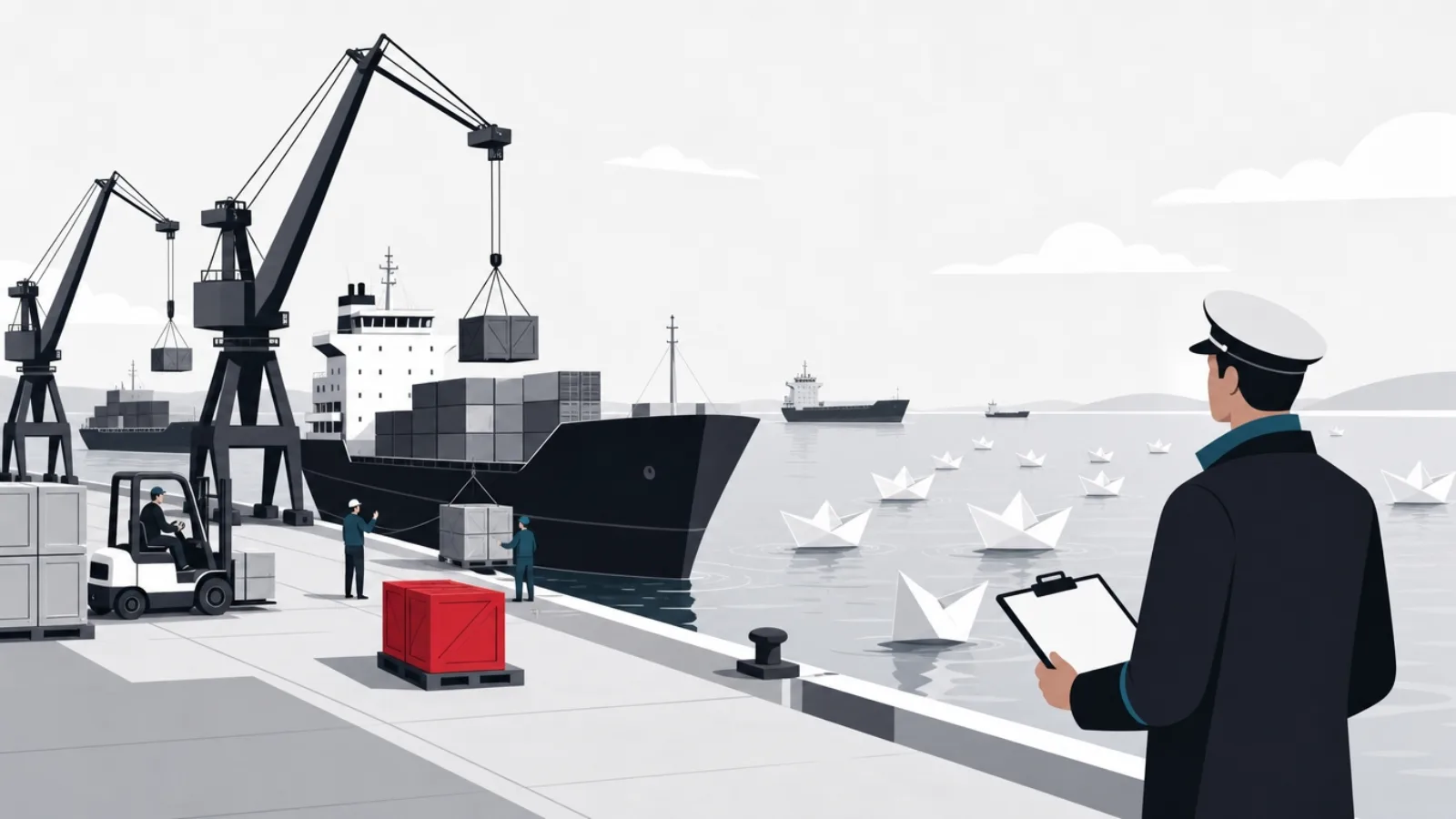 A harbor where a few solid cargo ships unload real crates while a fleet of empty paper boats drifts offshore