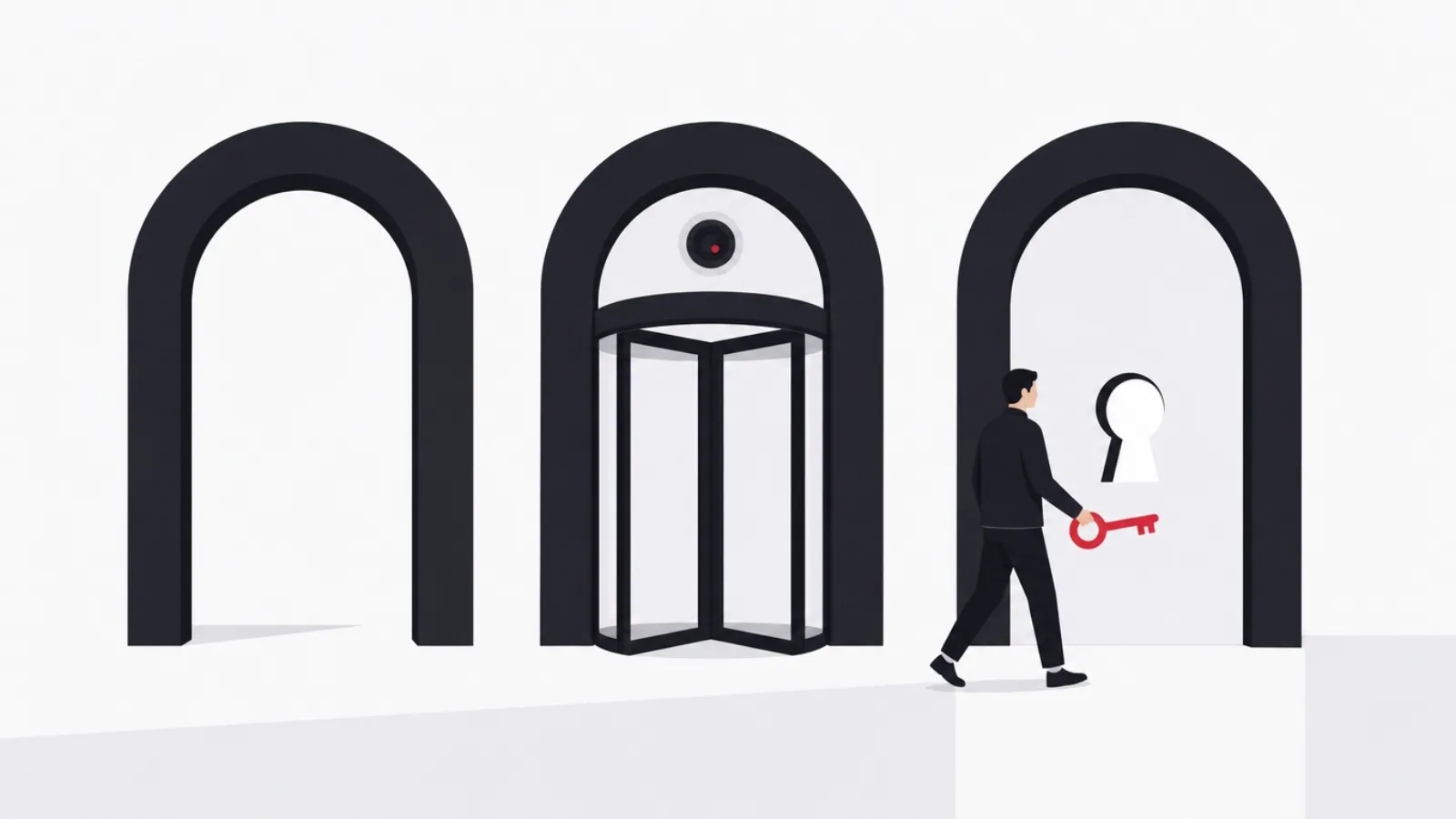 Three arches in a row, one open, one with a revolving door and camera, one with a keyhole approached by a figure holding a key