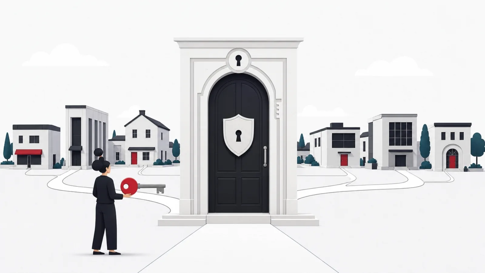 A single grand front door in a plaza with paths behind it leading to a whole street of smaller buildings