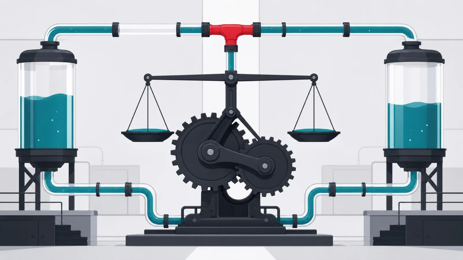 Self-running machinery of gears, scales and proportioned liquid pipes flowing between reservoir tanks with no operator
