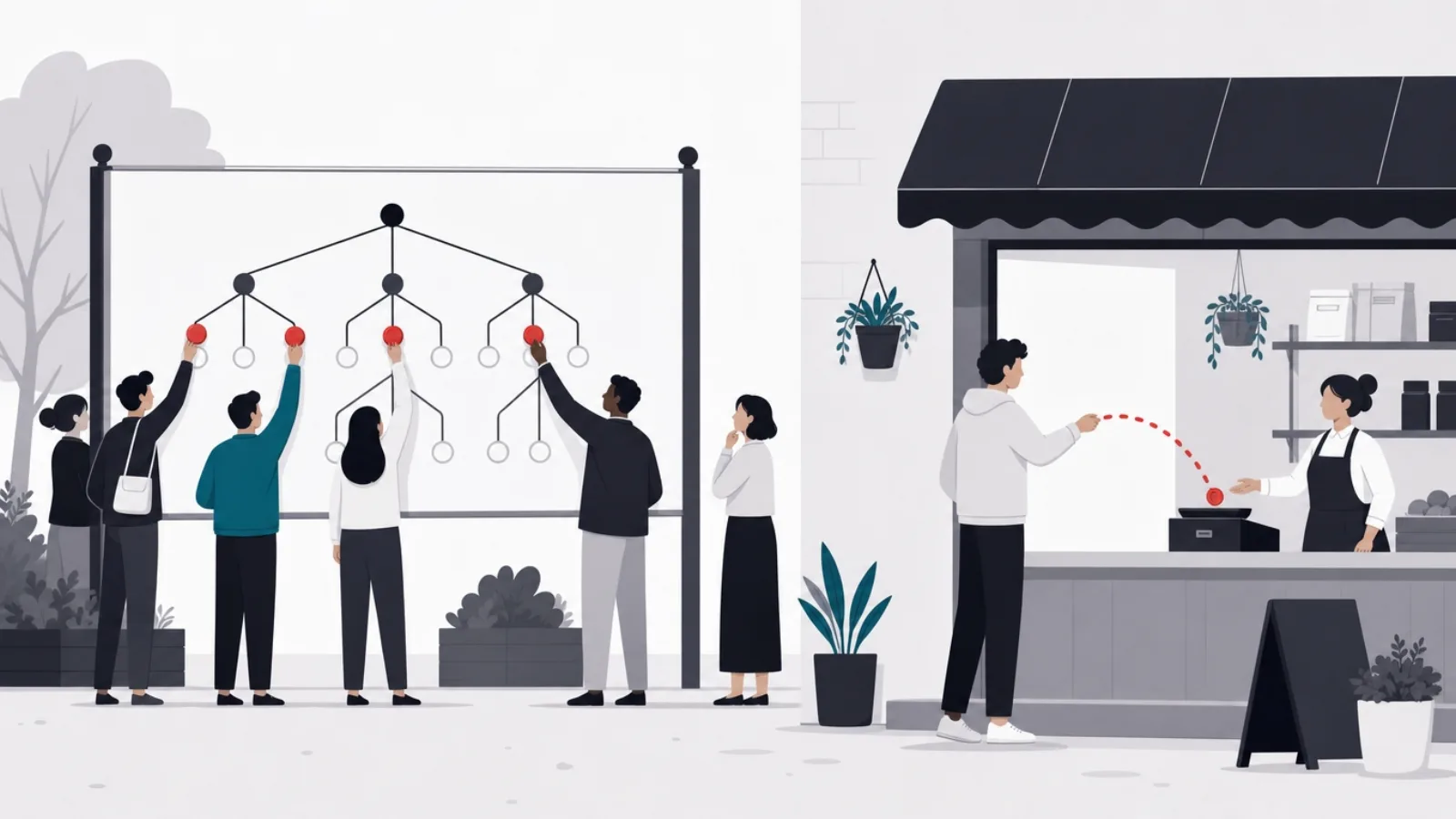 A crowd pinning weighted markers on an outcome board beside a shop customer paying with a coin that arcs directly to the till