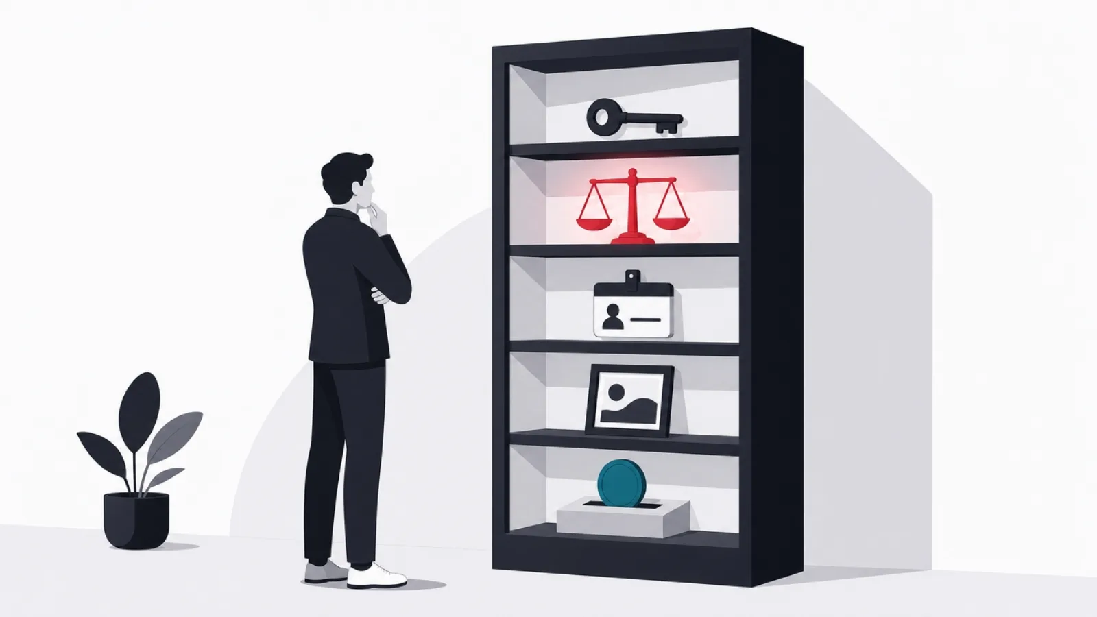 A five-shelf display cabinet holding a key, scales, a name tag, framed art and a coin, one object glowing red
