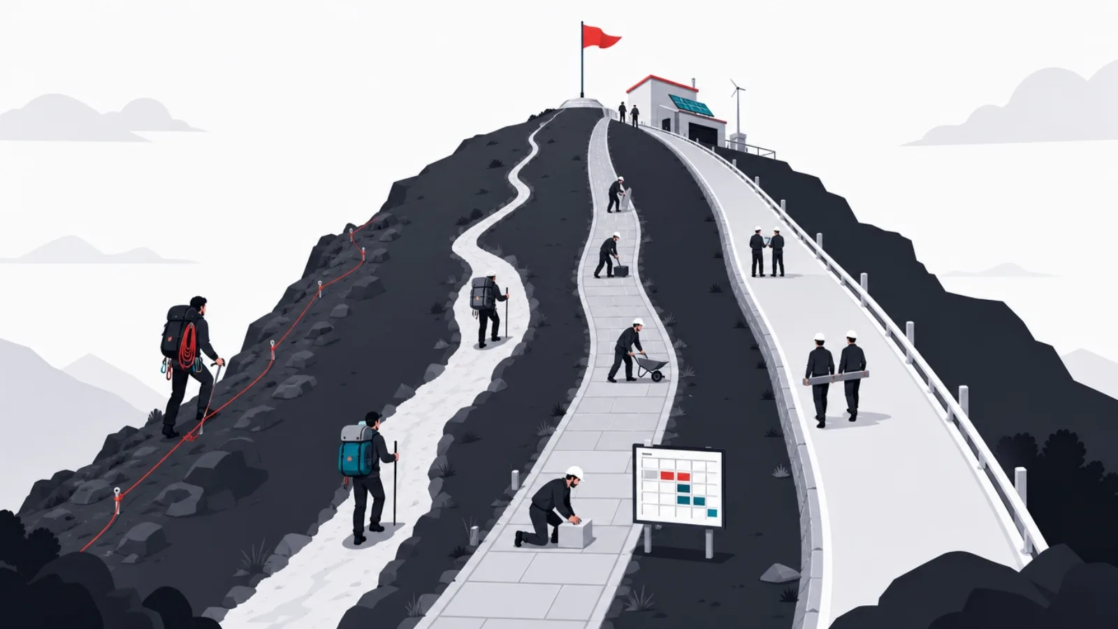 Four parallel paths up one hill, self-built rope, single guide, uniformed crew and engineered road with a maintenance station