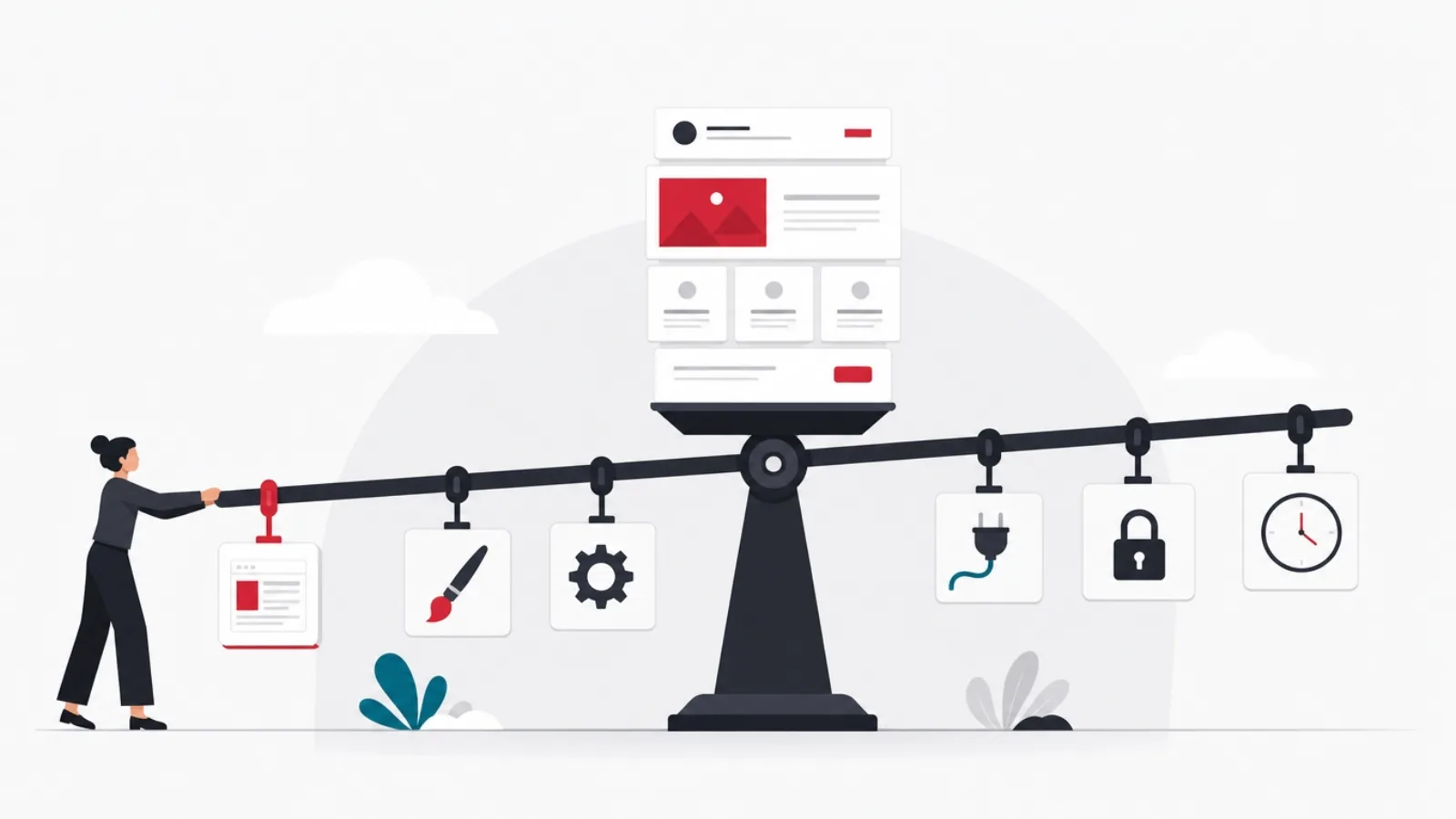 A balance beam holding a website, tilting as a figure slides one of six hanging weights along its length