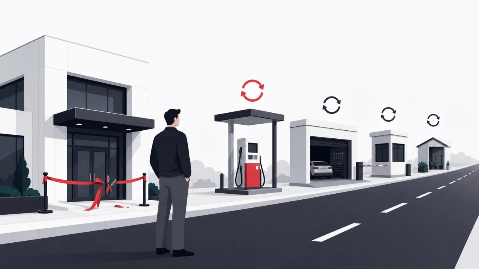 A ribbon-cut building beside a long service road lined with recurring stations for fuel, repair, security and upkeep