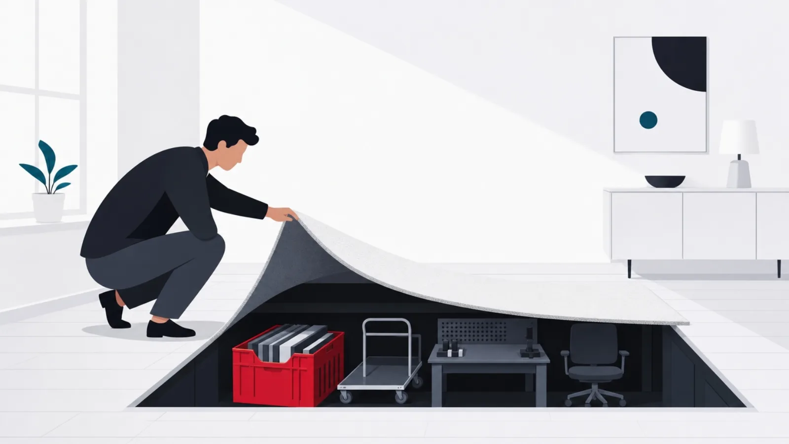 A figure lifting a small rug to reveal a recess holding hidden furniture, crates and benches that make the room look complete
