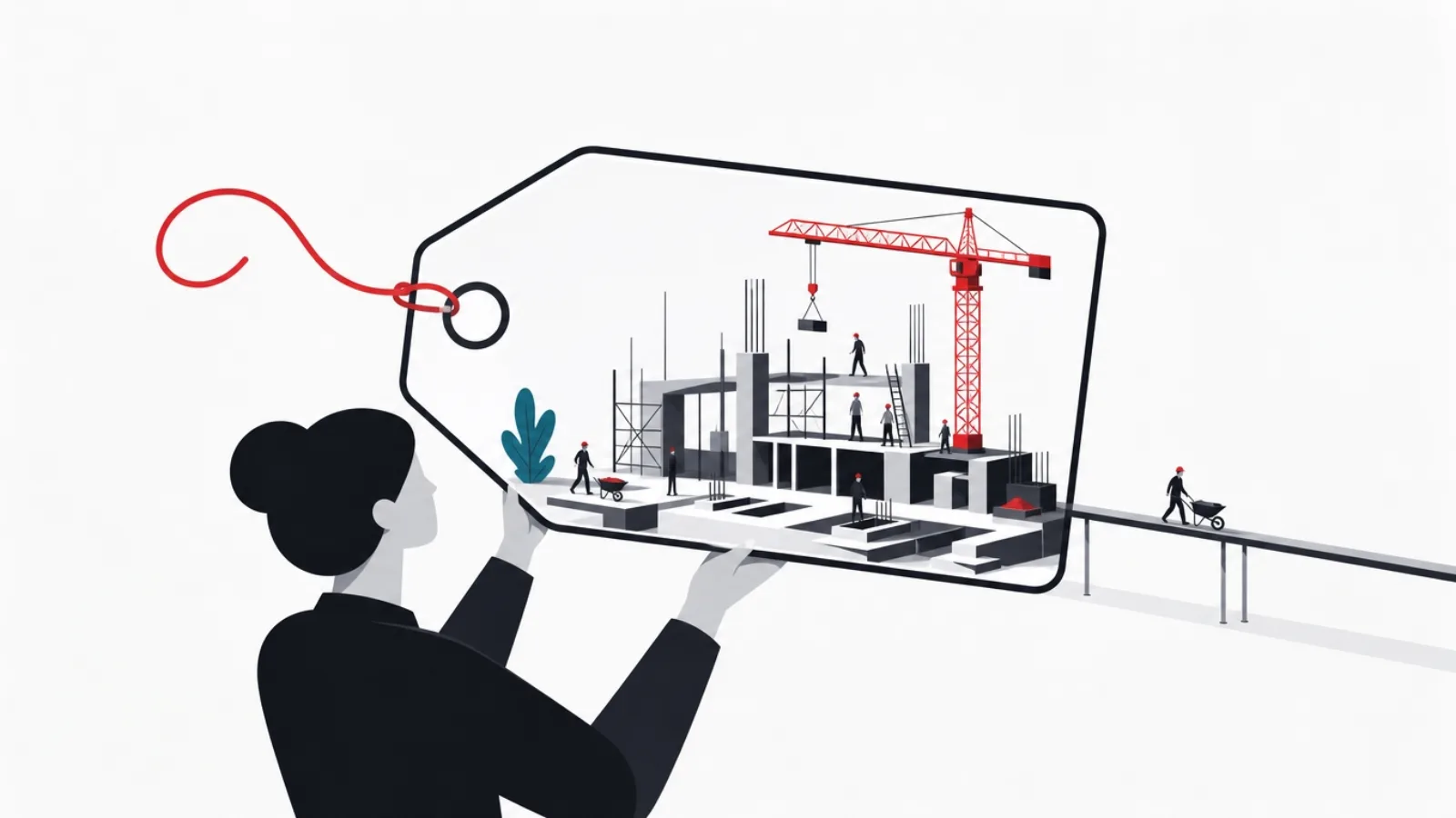 A figure holding a price tag up to the light, revealing a whole miniature construction site inside its silhouette