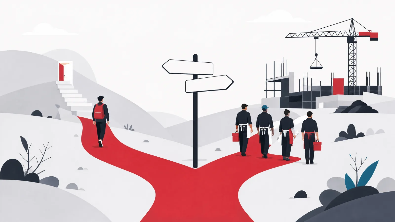 A path forking toward a lone figure climbing stairs to a doorway and a group of workers heading to a construction site