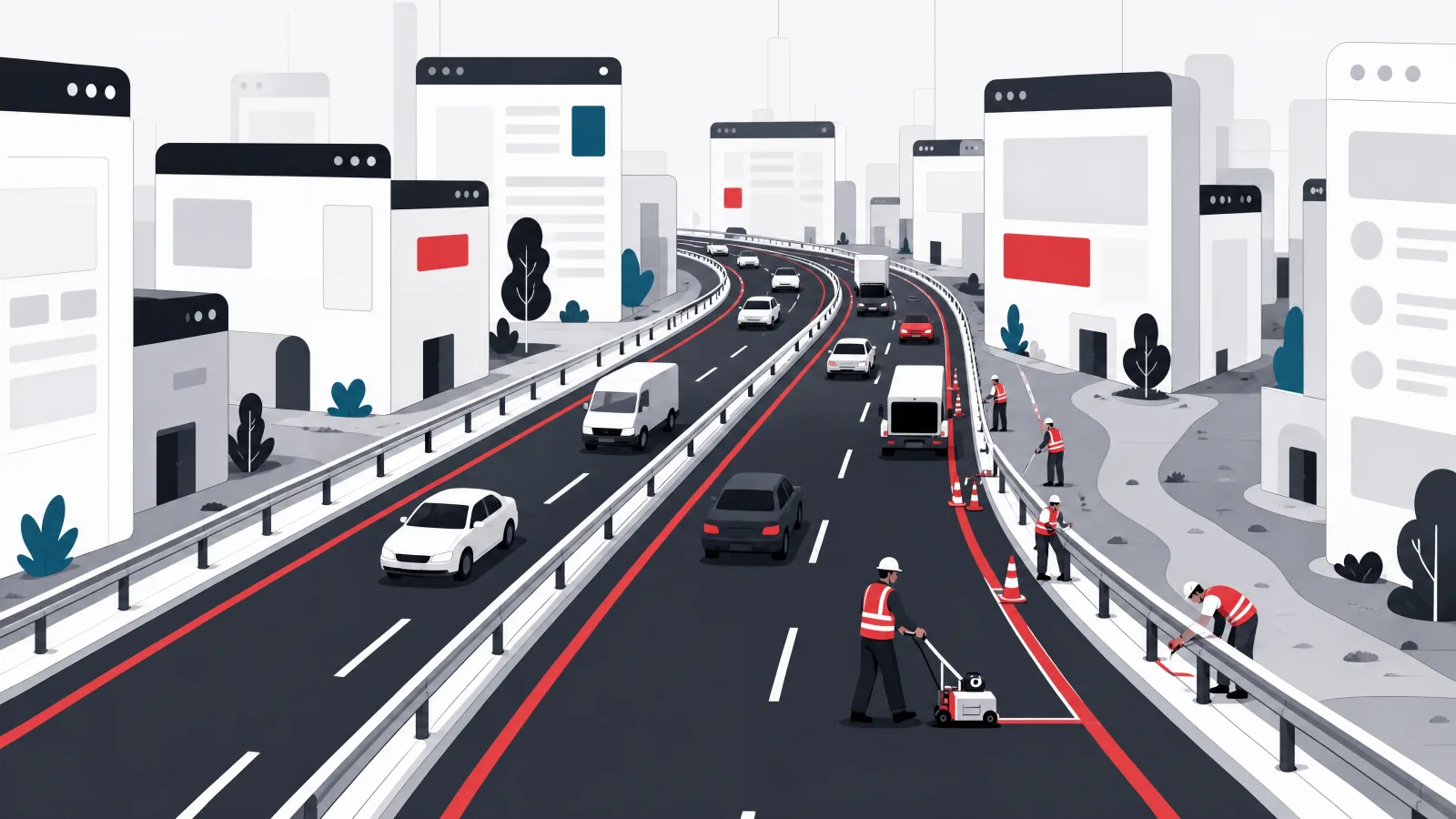 A busy main road through a city of browser-window buildings with a crew installing new guardrails and lane markings