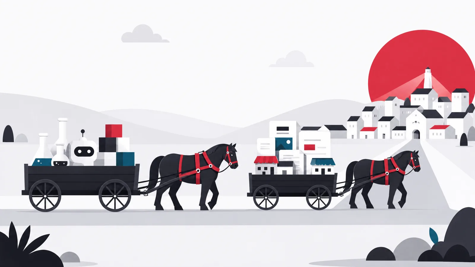 Two geometric draft horses pulling carts loaded with flasks and data cubes and with storefront and page shapes toward a town