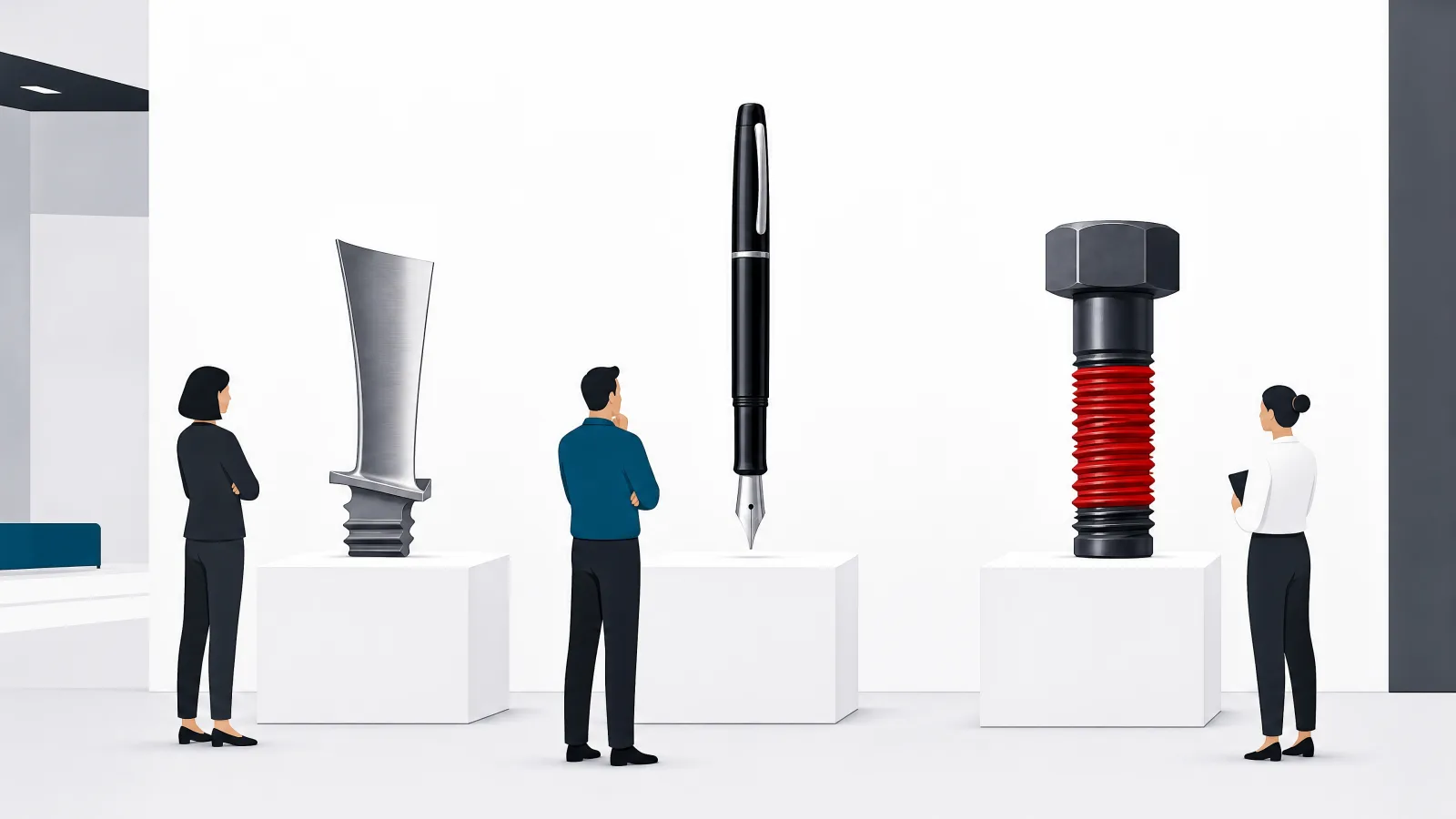 A turbine blade, a fountain pen and a machined bolt displayed on stands in a clean gallery with a figure studying them